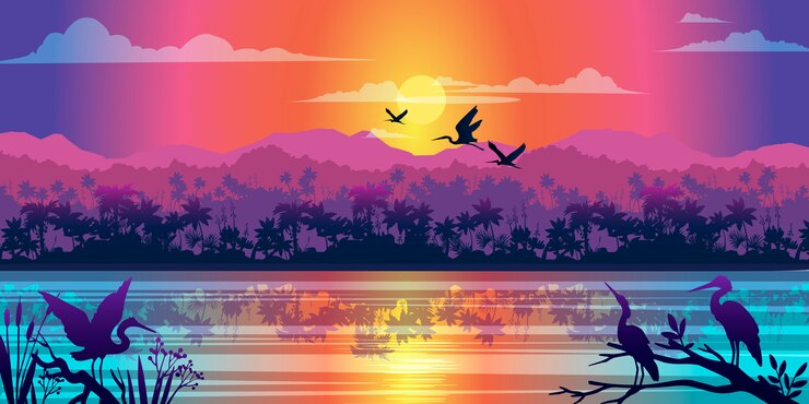 Vetor paisagem tropical horizontal com contornos de selva, rio, reflexão de mangue, nascer do sol e pássaros