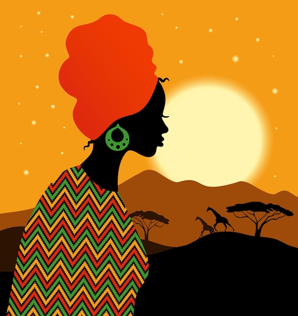 Vetor paisagem tropical linda mulher negra em cartão de turbante savana africana com pôr do sol