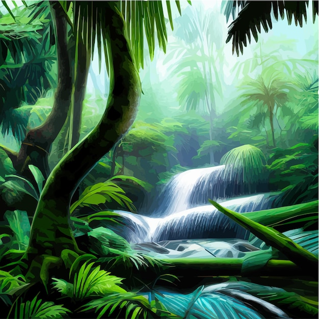 Vetor paisagem tropical natural com cachoeira fluindo entre rochas e árvores, o fluxo de água flui para dentro