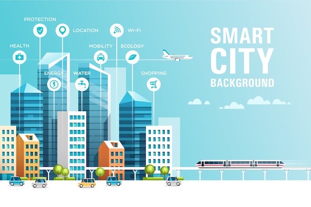 Paisagem urbana com edifícios, arranha-céus e tráfego de transporte. conceito de cidade inteligente com ícones.