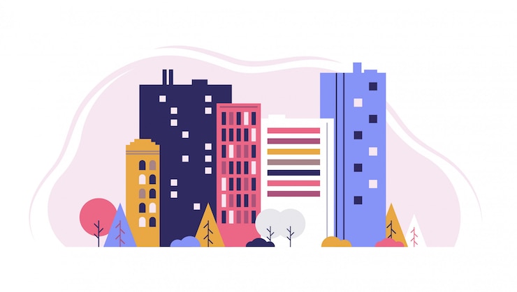 Vetor paisagem urbana com grandes e pequenos edifícios e árvores e arbustos. design plano estilo vetor gráfico ilustração