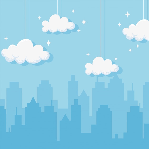 Paisagem urbana com nuvens suspensas e cintilantes