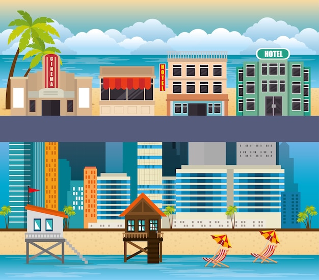 Vetor paisagem urbana de miami beach conjunto cenas ilustração vetorial design