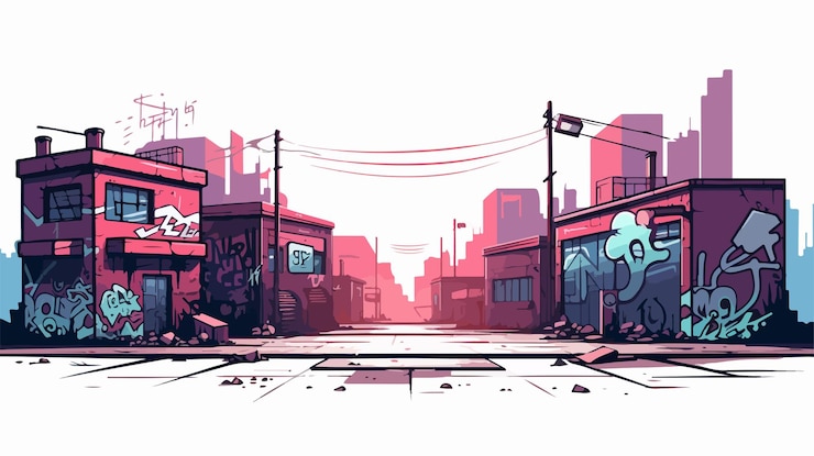 Vetor paisagem urbana mal-humorada com paredes cobertas de graffiti