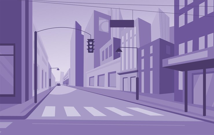 Vetor paisagem urbana monocromática vibrante rua vazia em megapolis estrada e edifícios da cidade surrealista ilustração da cidade contemporânea vetorial