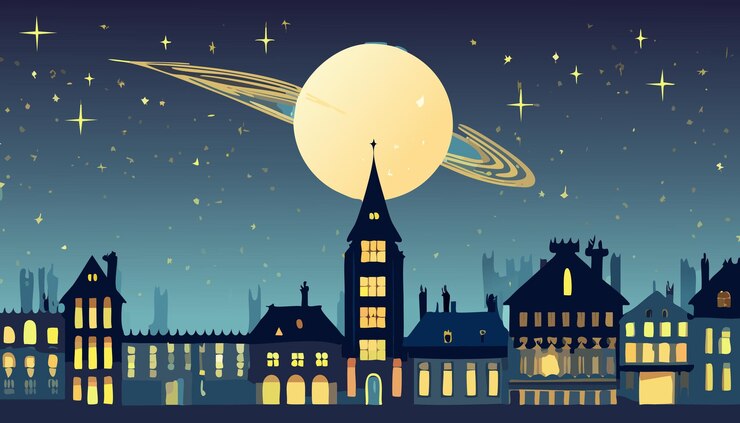 Vetor paisagem urbana noturna com casas antigas, lua e estrelas ilustração vetorial
