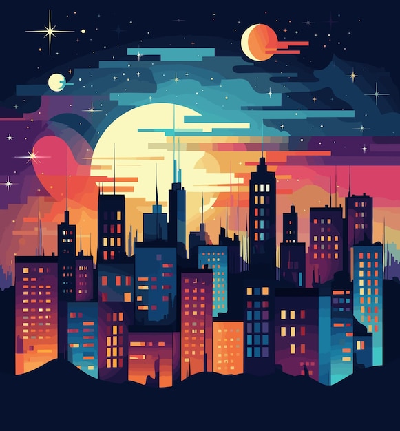 Paisagem urbana noturna com edifícios e ilustração vetorial de lua cheia