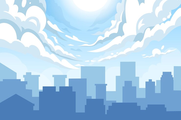 Vetor paisagem urbana paisagem urbana com edifícios silhueta de arranha-céus da cidade plana céu azul com sol e nuvens vista do horizonte da cidade à tarde casas do centro vector fundo de design barulhento