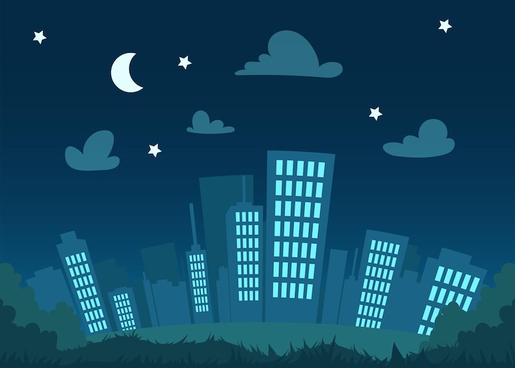 Vetor paisagem urbana plana à noite com nuvens, lua, estrelas. fundo vetorial panorâmico do horizonte da cidade moderna