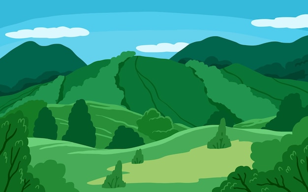 Paisagem verde com vetor de ilustração de desenhos animados de árvores