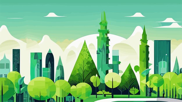 Paisagem verde da cidade com arranha-céus e árvores Fundo de ilustração vetorial