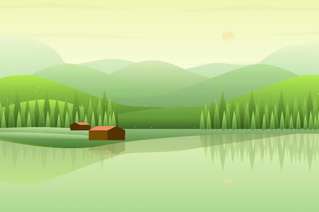 Paisagem verde da floresta com ilustração da montanha e do céu