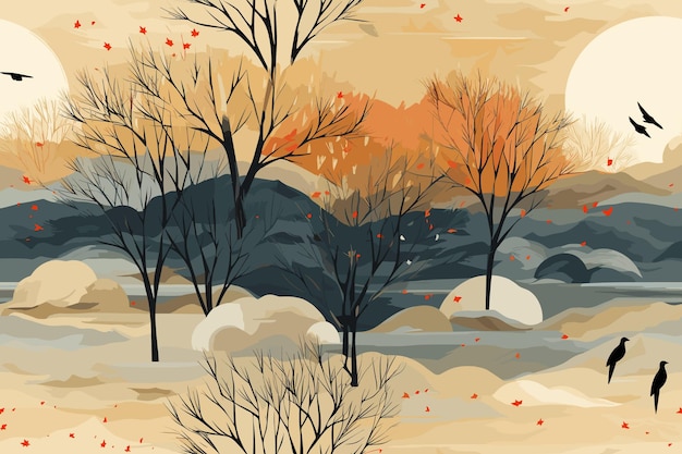 Vetor paisagem vetorial de outono com montanhas fluviais, árvores e pôr do sol
