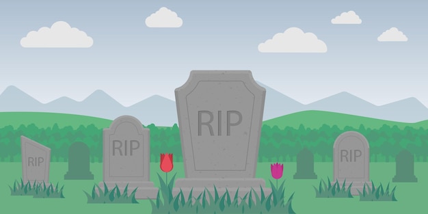 Paisagem vetorial de um cemitério pacífico com várias lápides marcadas RIP