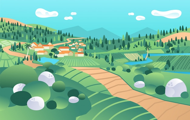 Paisagem vista no lado do país, com montanha, vale, casas, rio, árvore, ilustração em vetor campo arroz