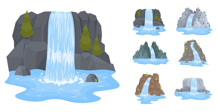Vetor paisagens de desenhos animados com montanhas e árvores atração turística pitoresca com pequena cachoeira