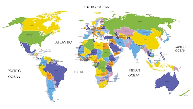 Países coloridos do mapa mundial Mapa político de alto detalhe com nomes de países