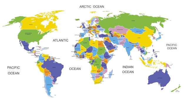 Países coloridos do mapa mundial mapa político de alto detalhe com nomes de países