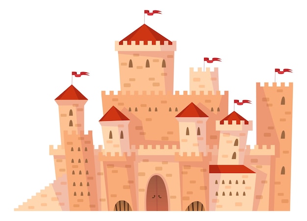 Palácio real dos desenhos animados. castelo medieval com telhados vermelhos e bandeiras isoladas no fundo branco