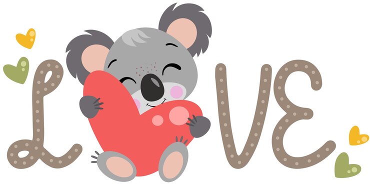 Vetor palavra de amor com coala fofo segurando um coração