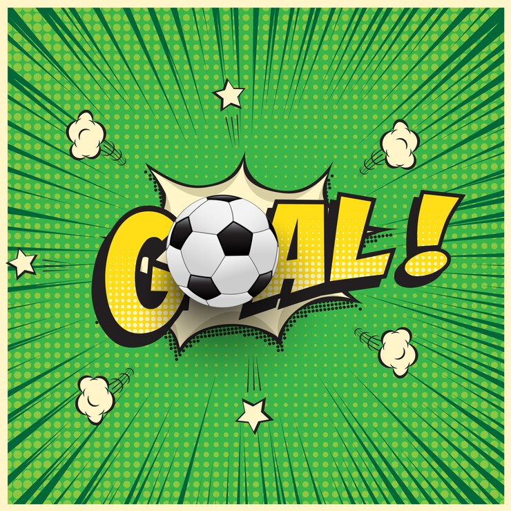 Vetor palavra de gol com bola de futebol realista na ilustração do estilo de quadrinhos.
