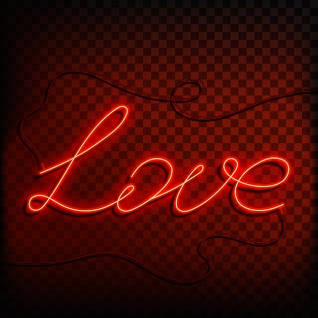 Palavra de néon amor. Um sinal vermelho brilhante Elemento de design para um feliz dia dos namorados. ilustração.