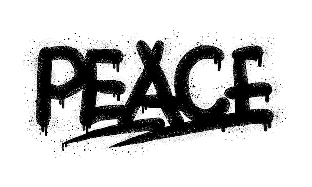 Vetor palavra de paz de grafite pintada com spray em preto sobre branco gotas de palavras de paz pulverizadas isoladas em ilustração vetorial de fundo branco