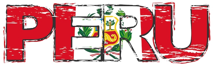 Vetor palavra peru com bandeira nacional peruana sob ele, olhar grunge angustiado.