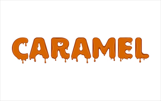 Vetor palavra vetorial feita de caramelo fluente letras com manchas salpicos e manchas tipografia brilhante texto de gotas líquidas laranja doce isoladas em fundo branco