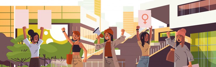 Vetor palavras-chave: raça activistas holding cartaz feminine conceito sinal sinal raça direitas feminine fundo movimento mulheres proteção conceito fêmea direitas com protesto raça retrato cityscape