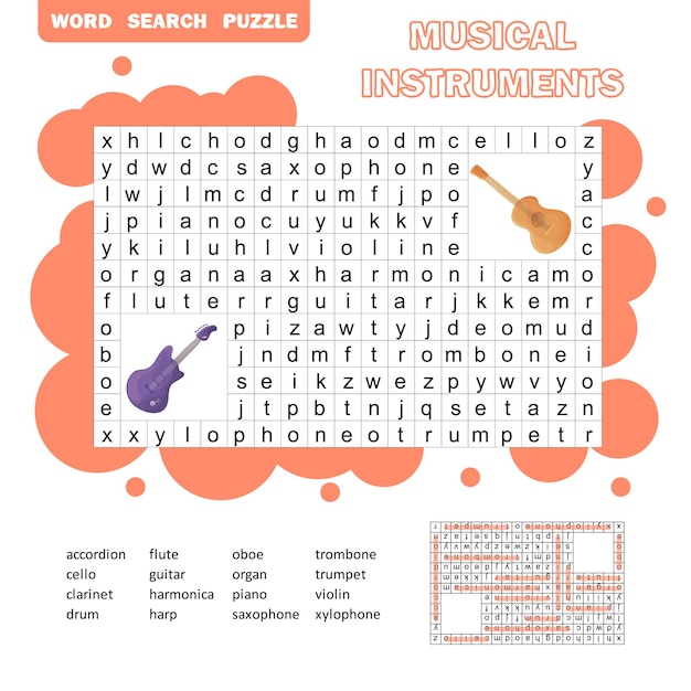 Vetor palavras cruzadas coloridas - jogo de pesquisa de palavras, jogo educacional para crianças sobre instrumentos musicais