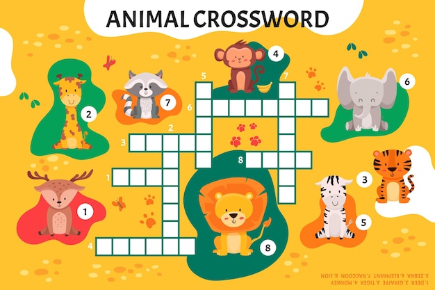 Palavras cruzadas de animais em inglês atividade educacional para jogo escolar aprendendo a língua inglesa