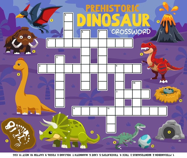 Palavras cruzadas de jogos educativos para aprender palavras em inglês com planilha para impressão de imagens de dinossauros pré-históricos de desenhos animados fofos