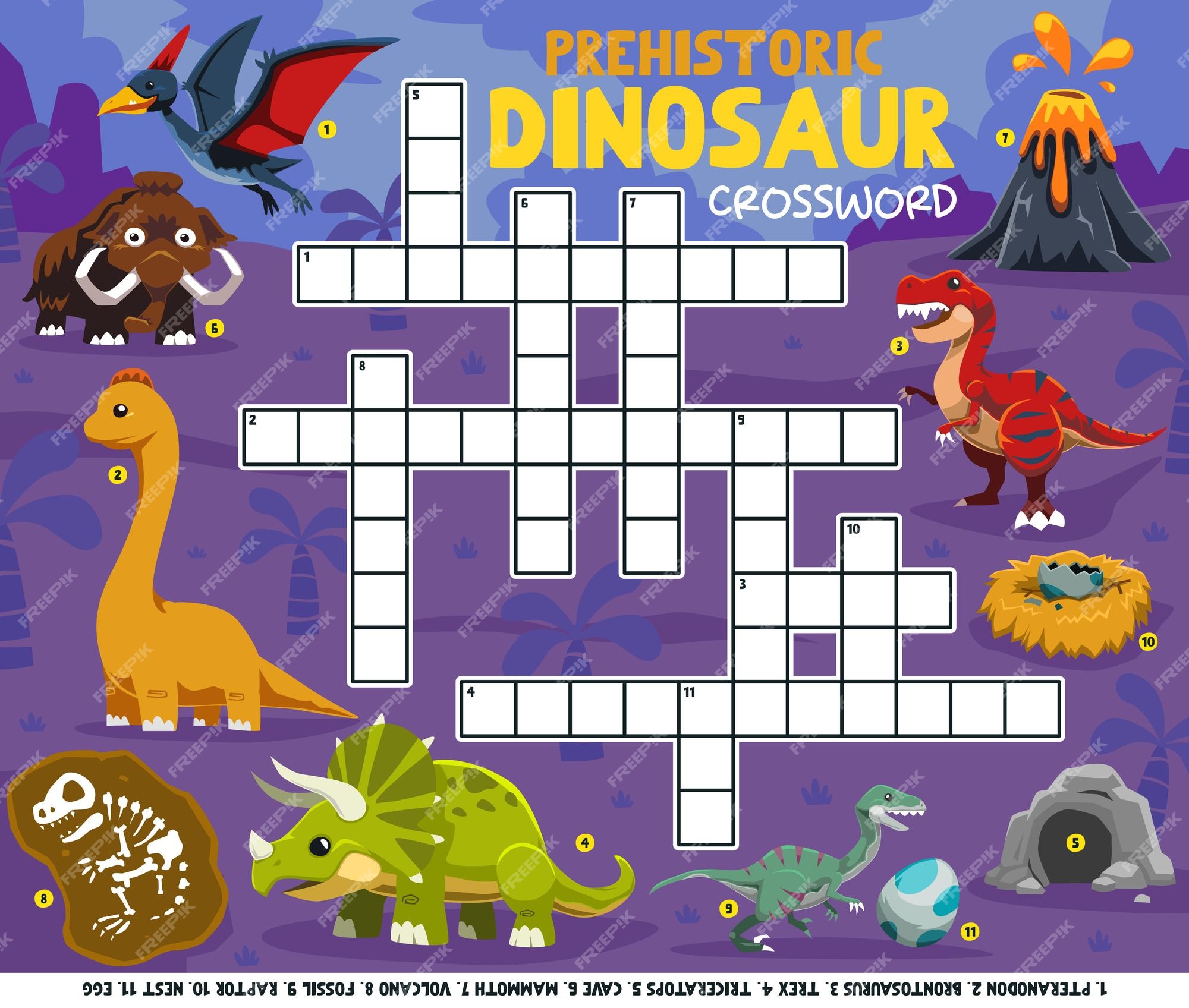 Palavras cruzadas de jogos educativos para aprender palavras em inglês com  planilha para impressão de imagens de dinossauros pré-históricos de  desenhos animados fofos