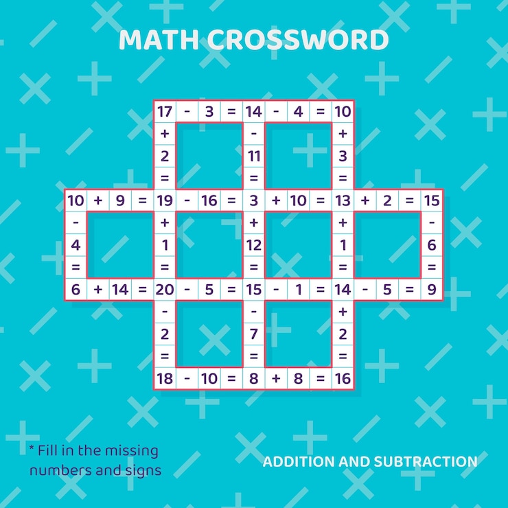 Vetor palavras cruzadas de matemática para crianças. adição e subtração. contando até 20. ilustração vetorial