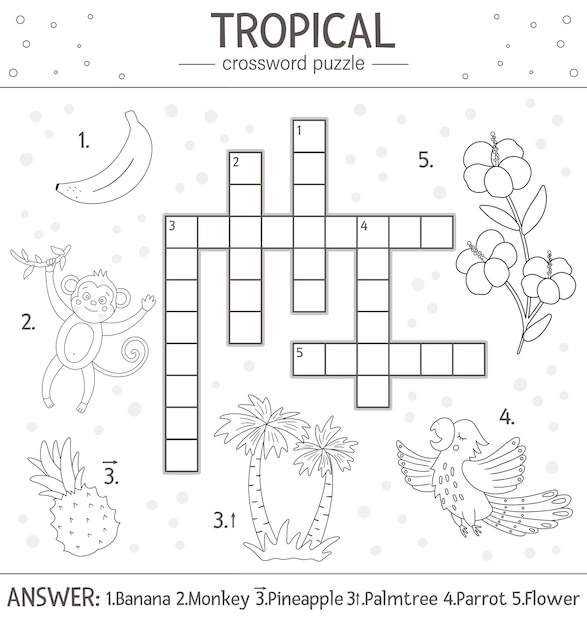 Palavras cruzadas de verão. questionário com elementos tropicais para crianças. atividade educacional na selva em preto e branco com personagens fofinhos e engraçados. página divertida para colorir para crianças