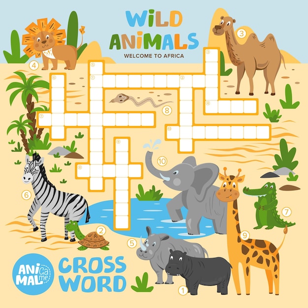 Palavras cruzadas com animais africanos jogos puzzle planilha