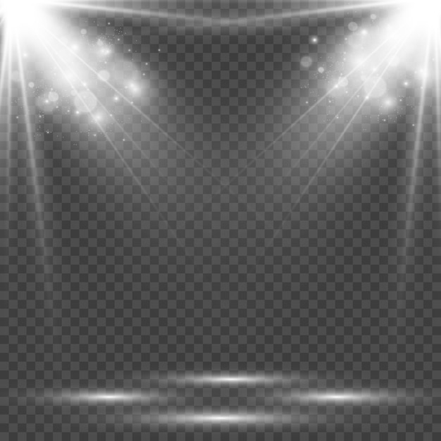 Palco branco com holofotes. ilustração em vetor de uma luz com brilhos em um fundo transparente.