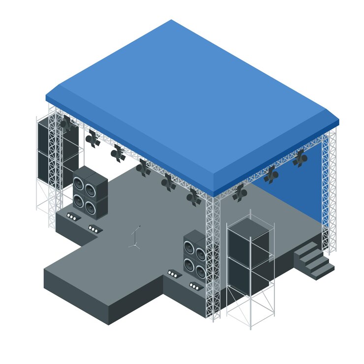 Vetor palco de concerto ao ar livre isométrico, sistema de treliça. palco de concerto de pódio. performance show de entretenimento, cena e evento. ilustração vetorial.