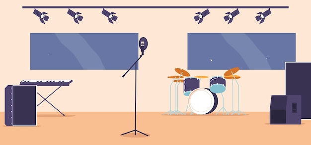 Palco de música rock configuração vibrante com bateria e teclado pronto para criar apresentações de rock de alta energia emocionando o público com seu som dinâmico e presença poderosa ilustração vetorial dos desenhos animados