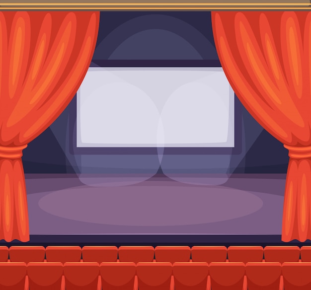 Palco de teatro ou cinema com cortinas vermelhas. de fundo vector em estilo cartoon