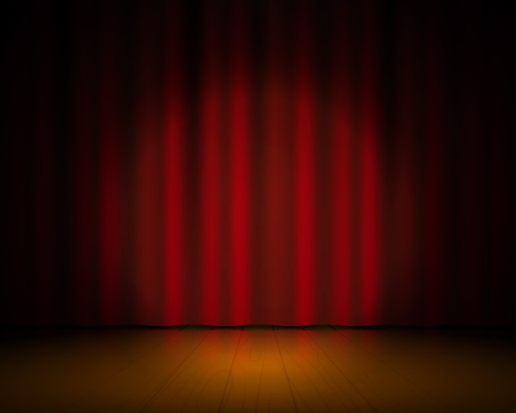 Vetor palco de teatro realista. cortinas vermelhas e holofotes, fundo de show da broadway, cortinas elegantes de cinema
