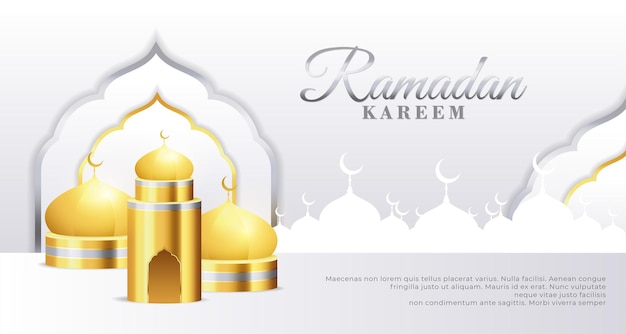 Palco do pódio Ramadan Kareem, minaretes 3D de mesquita dourada com fundo cinza