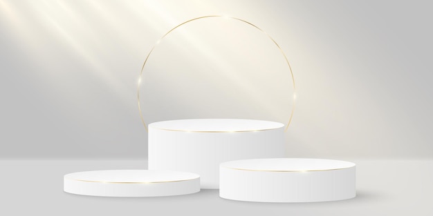 Palco elegante minimalista. Cilindro 3D com ouro em um branco. Plataforma ou pódio com luz incidente.