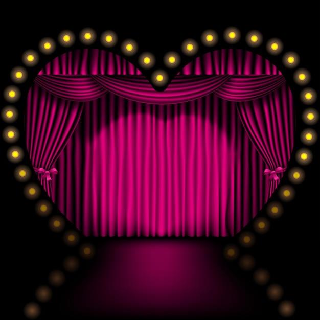 Palco em formato de coração com cortina rosa e luzes