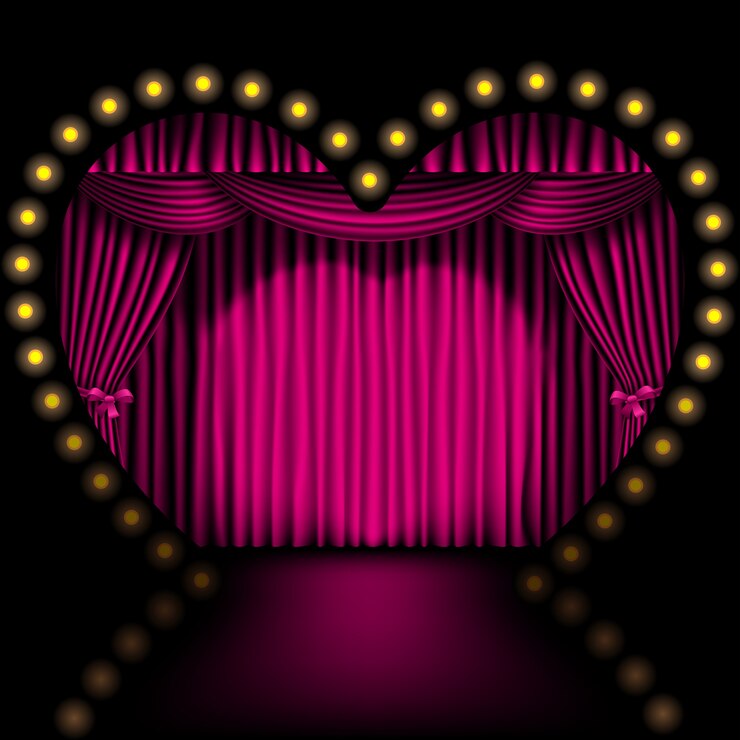Vetor palco em formato de coração com cortina rosa e luzes