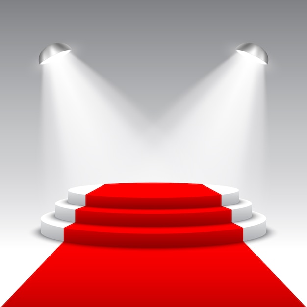 Palco para cerimônia de premiação com holofotes. Pódio redondo branco com tapete vermelho. Pedestal. Cena. ilustração.