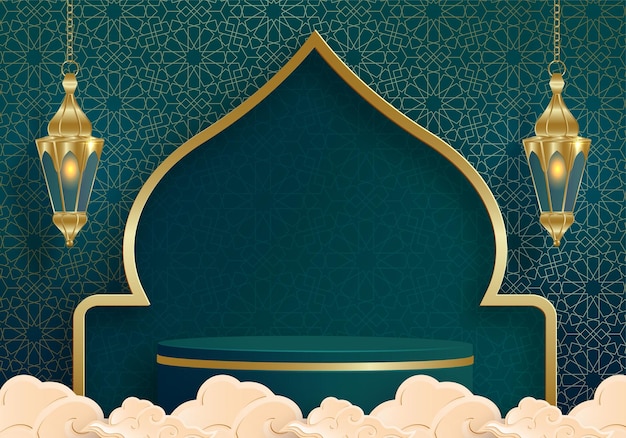 Palco redondo do pódio 3d islâmico com padrão de ouro para Eid Mubarak Ramadan Kareem Muharram ou Iftar