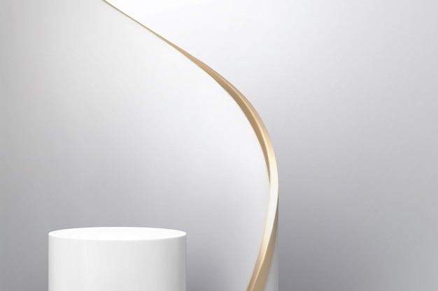 Palco redondo para exibição do produto com redemoinho de papel branco e dourado ilustração 3d do estágio de exibição do produto no fundo branco do estúdio