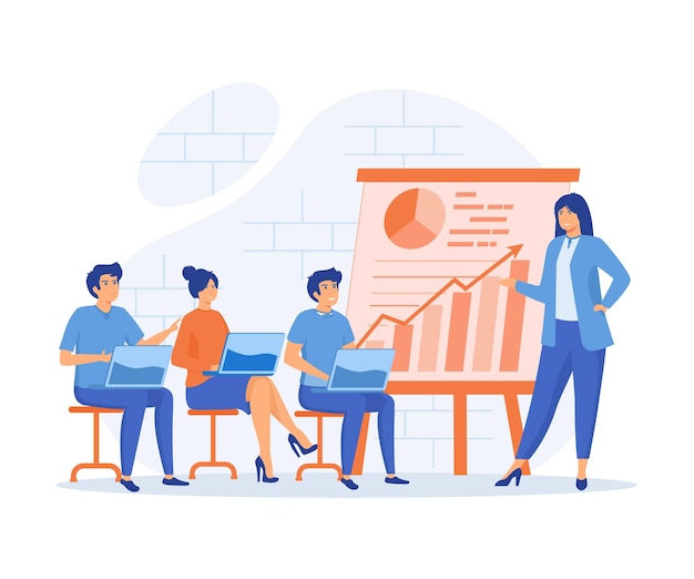 Palestrante de seminário de negócios fazendo apresentação e treinamento profissional sobre ilustração moderna de vetor plano de marketing